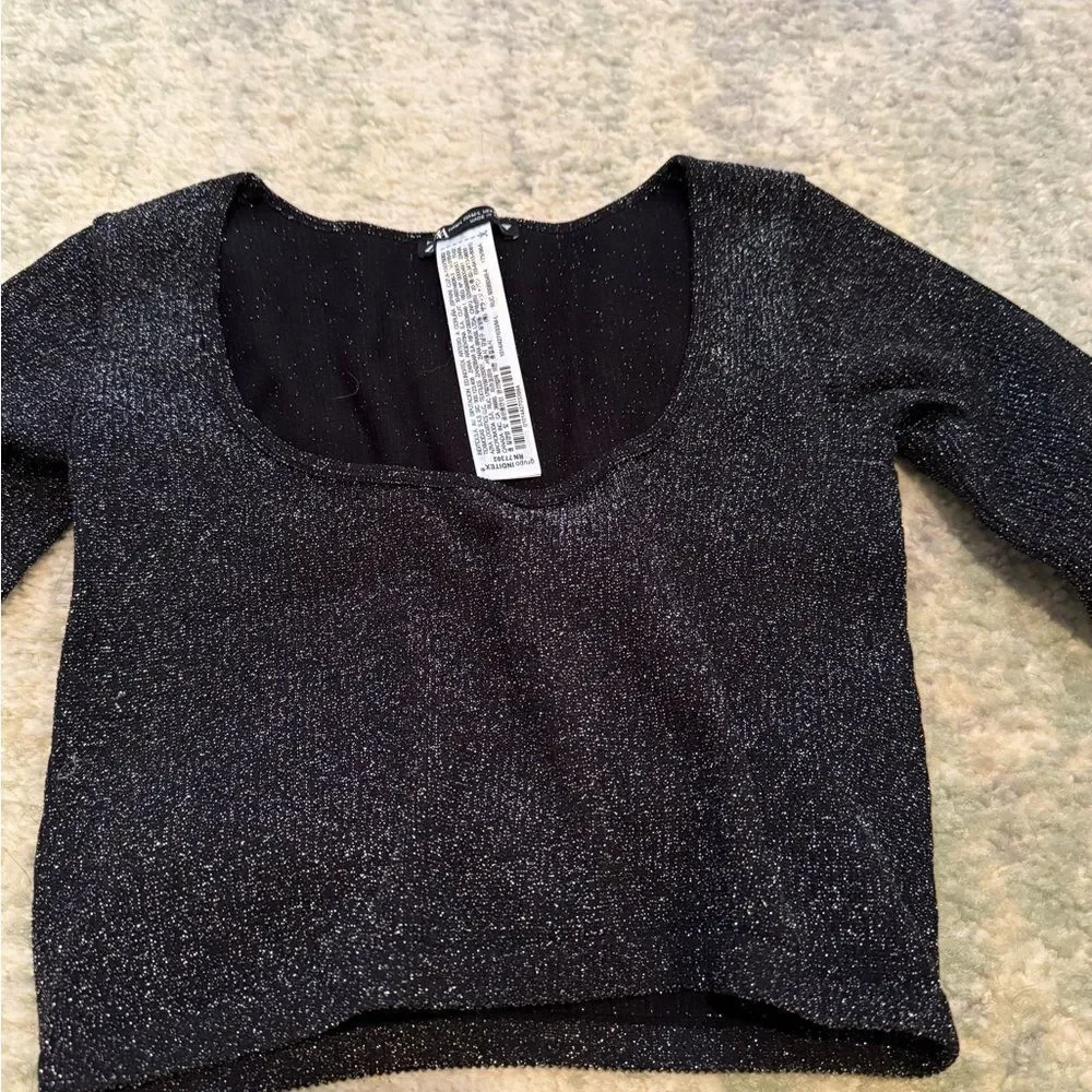 Black Sparkly Long Sleeve Crop Top from Zara
